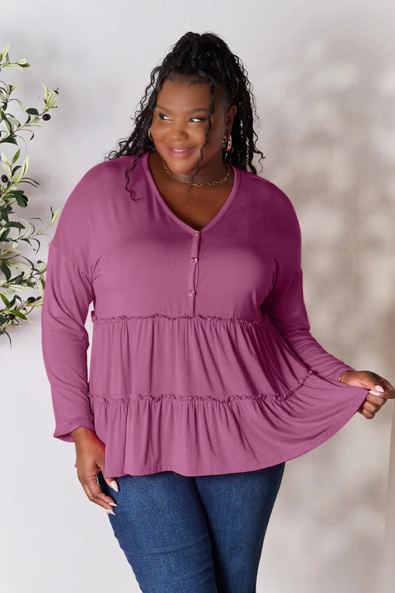 Double Take Half Button Long Sleeve Ruffle Hem Blouse - Love Salve